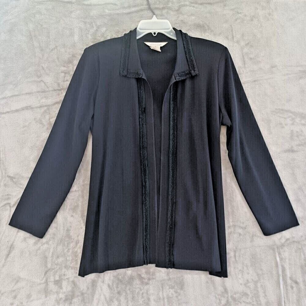 Misook Lg  Cardigan Open Collared Black Fringe Long Sleeve Liquid Knit Travel